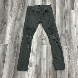 H&M distressed skinny moto olive green jeans army frayed ripped denim streetwear